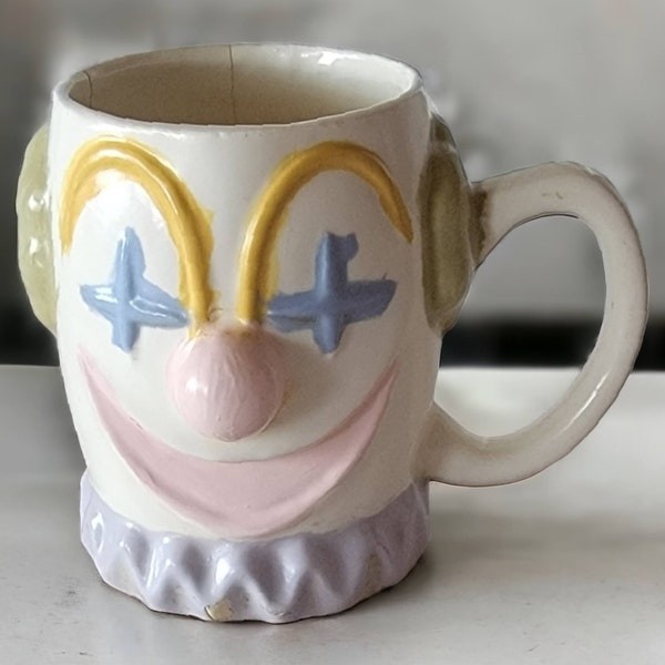 Small Clown Head Child's Mug Ceramic Hand Painted Hand Made Vintage Mid Century Collectible Cup With Handle FLAWS