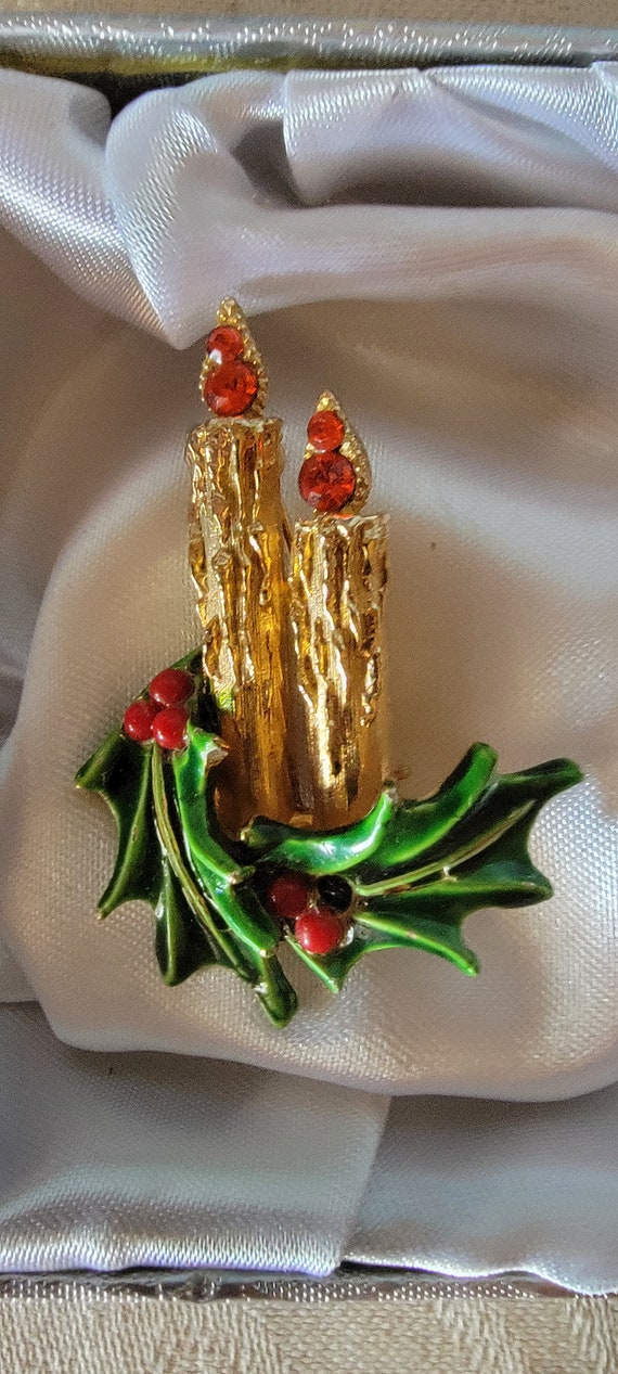 Vintage Art Rhinestone Christmas Candle Green Ena… - image 2
