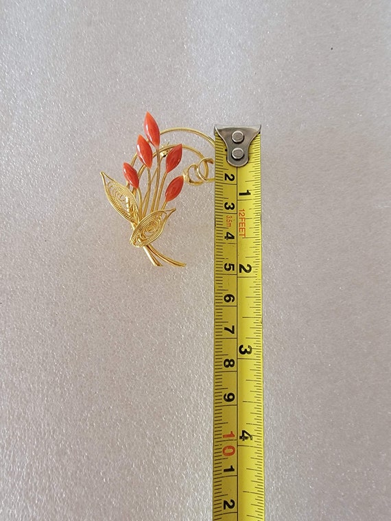 Red Gold Toned Floral Leaf Brooch Pin Wire Unique… - image 10