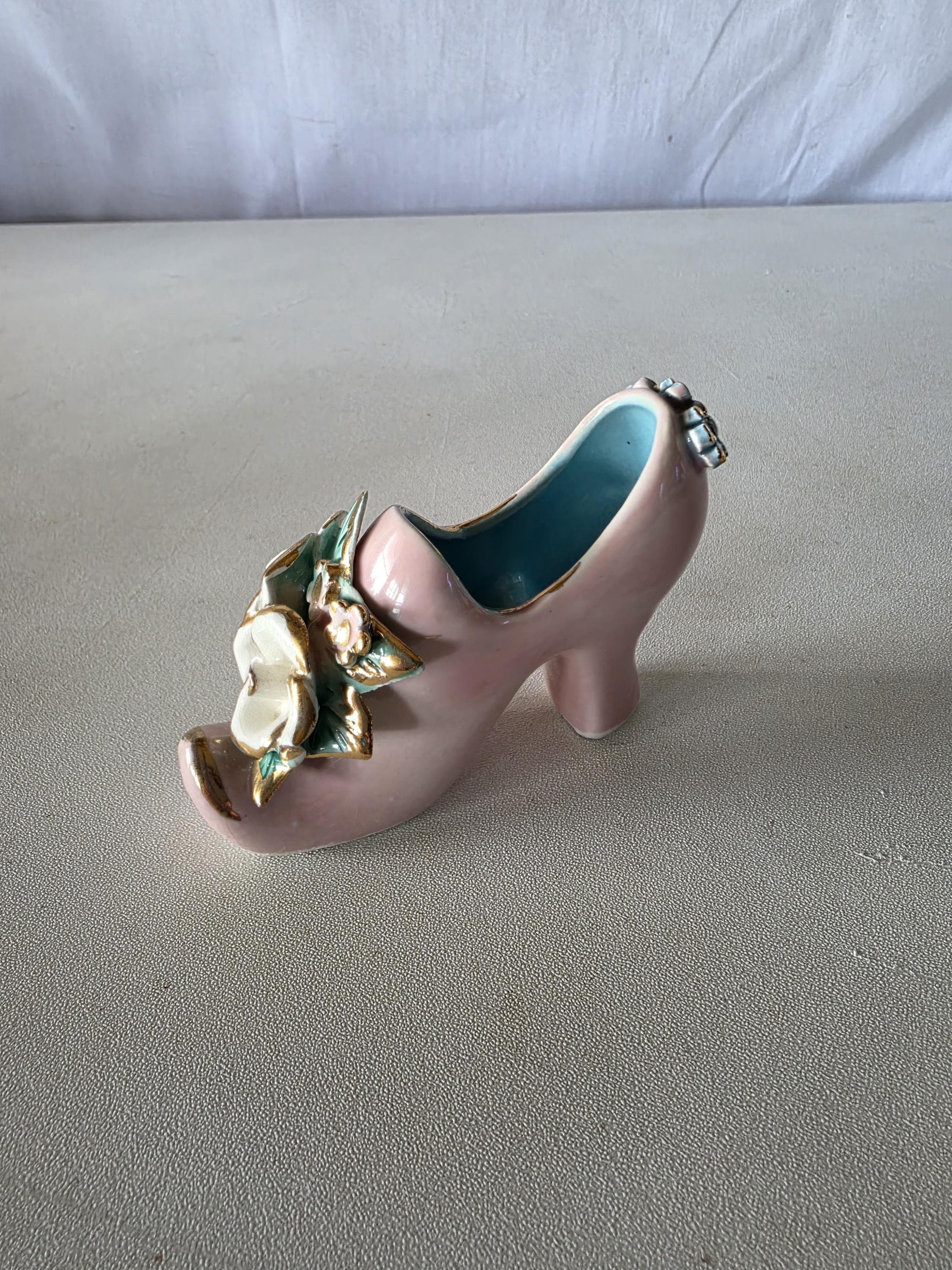 Rozart Porcelain High Heel Shoe Figurine/mini Planter Pink Gold