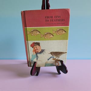Pode incluir: Um livro de capa dura vintage intitulado From Fins to Feathers, The Harper & Row Basic Reading Program. A capa apresenta uma seção superior rosa, uma faixa central verde com três ilustrações de peixes marrons e uma seção inferior com uma pessoa e um pássaro.