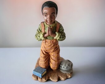 Youngs African American Boy on Knees Praying With Bible and Hat Ceramic Figurine Vintage Statue Collectible Interior Decor Shelf Decor