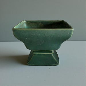 Vintage McCoy Pottery Green Square Planter-Mold 713 USA-Mid Century Footed Compote-Hunter Green Matte Glaze