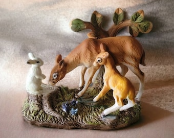 Deer Family in Forest Figurine Doe & Fawn With Rabbit on Tree Trunk Ceramic Vintage Statue 1980&#39;s Shelf Decor Interior Decor Made in Taiwan