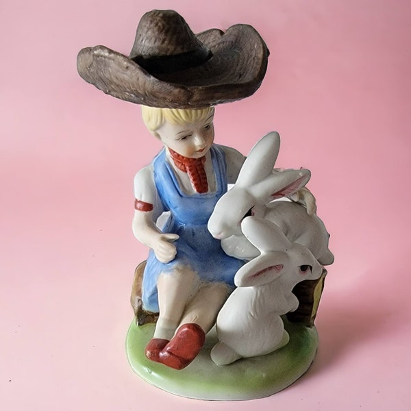 Girl With Bunnies Figurine Porcelain Easter Decor White Rabbits Child With Ten Gallon Hat Collectible Vintage Shelf Decor Interior Decor