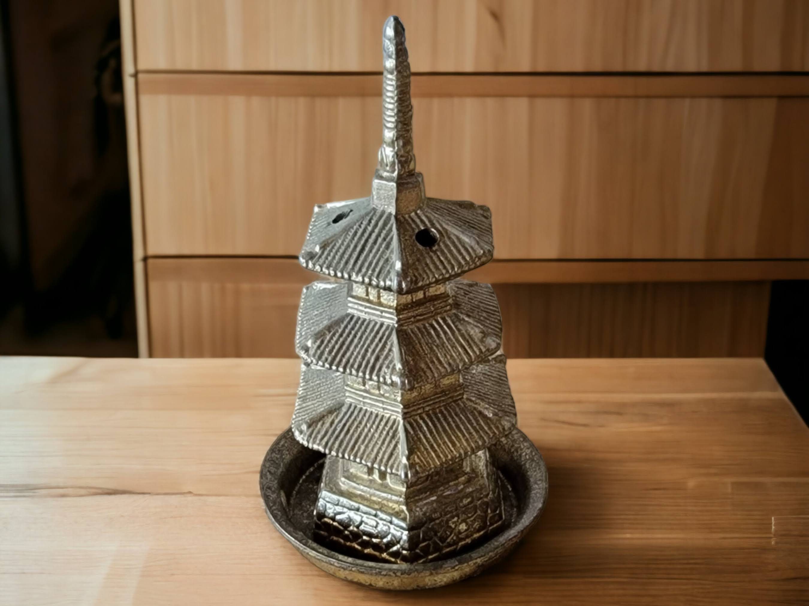 Solid Brass Temple Incense Burner Chinese Pagoda 2 Piece