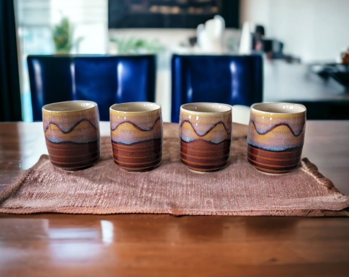Set of 4 Hand Crafted Japanese Sake Cups Earth Tones Pottery Tea Cups Kitchen Decor Interior Decor Unique Japanese Small Cups