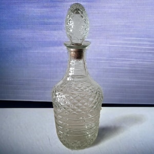 Vintage Liquor Decanter Pressed Glass Liquor Bottle Facetted Egg Shaped Stopper With Cork Bar Ware Home Decor Table Decor Gift for Him