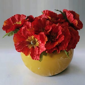 Vintage Himark Giftware Italy Banana Yellow Large Planter/Vase With Artificial Red Poppies Art Pottery Round Unique Collectible Centerpiece