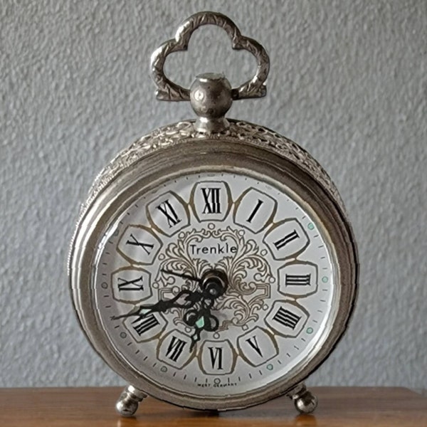 Filigree Silver Trenkle Alarm Clock West Germany Working Condition Vintage 1950s Requires Daily Winding Collectible Small Bedroom Decor