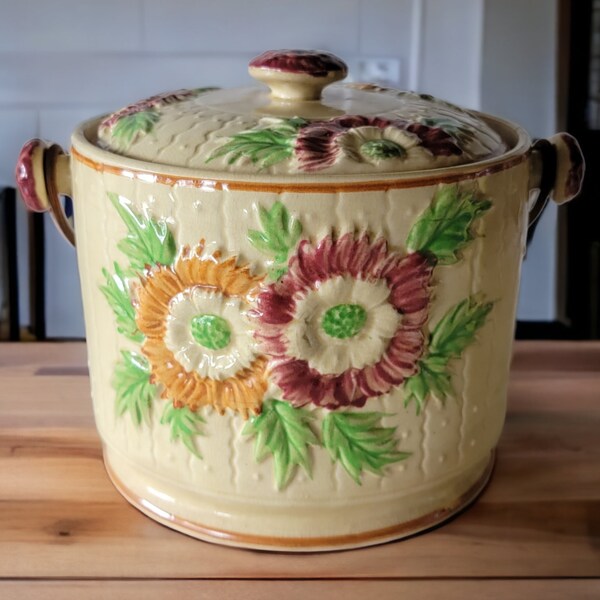 Vintage Japanware Lidded Biscuit Jar/Cookie Jar Bamboo Handle Mid Century Floral Design Kitchen Decor Table Decor Some DAMAGE Ceramic