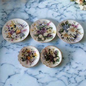 Blue Waters of England Dessert Plates and Saucers Set of Five Staffordshire Fine Bone China Floral Design Gold Trim Vintage Collectible