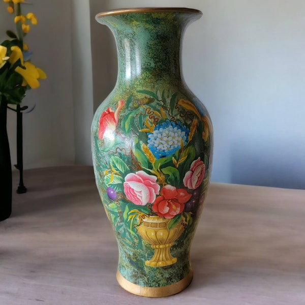 Vintage Metal Green Floral Asian Vase Bright Vibrant Colors Gold Trim 14" tall Late 20th Century Flower Bouquet Vase Floor Interior Decor