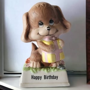 1979 Russ Bernie Ceramic Happy Birthday Puppy Dog Figurine Brown Puppy Holding a Present Bisque Porcelain Happy Birthday Dog