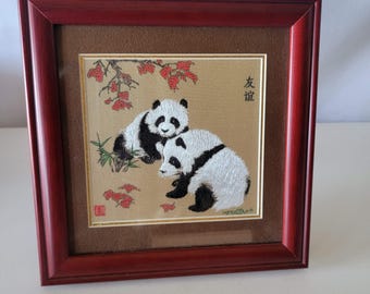 中国蜀錦織 中国蜀刺繍枠 パンダのペア オリジナルボックス入り