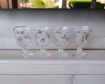 Vintage Libbey Silver Wheat Leaves Frosted Short Stem Water Wine Goblets Drinking Glasses Mid Century Modern Clear Collectible Set of 4 8 Oz