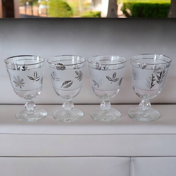 Vintage Libbey Silver Wheat Leaves Frosted Short Stem Water Wine Goblets Drinking Glasses Mid Century Modern Clear Collectible Set of 4 8 Oz