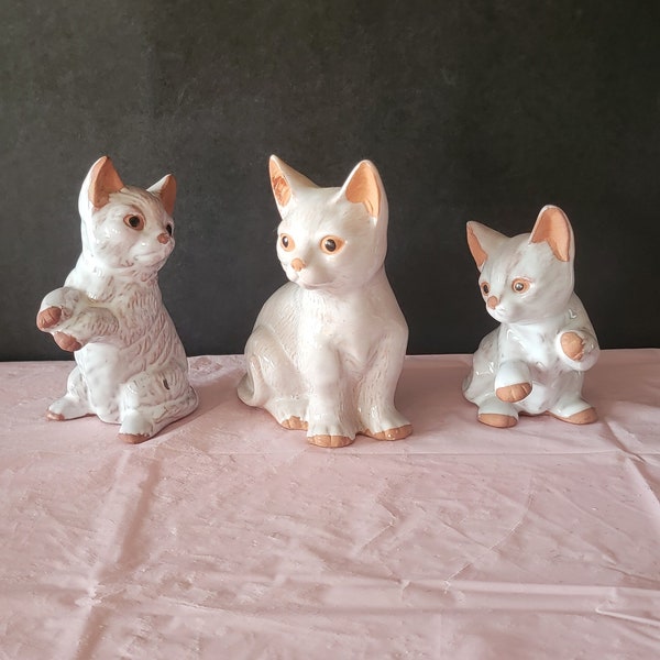 Lot of 3 Redware Drop Glaze Cat Ceramic Figurines by UCGC Taiwan Kittens and Mom