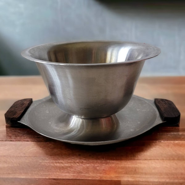 Mid Century Modern Interpur Stainless Steel Soup Bowl Sauce Bowl Gravy Bowl Silver Toned With Wooden Handles Made in Japan