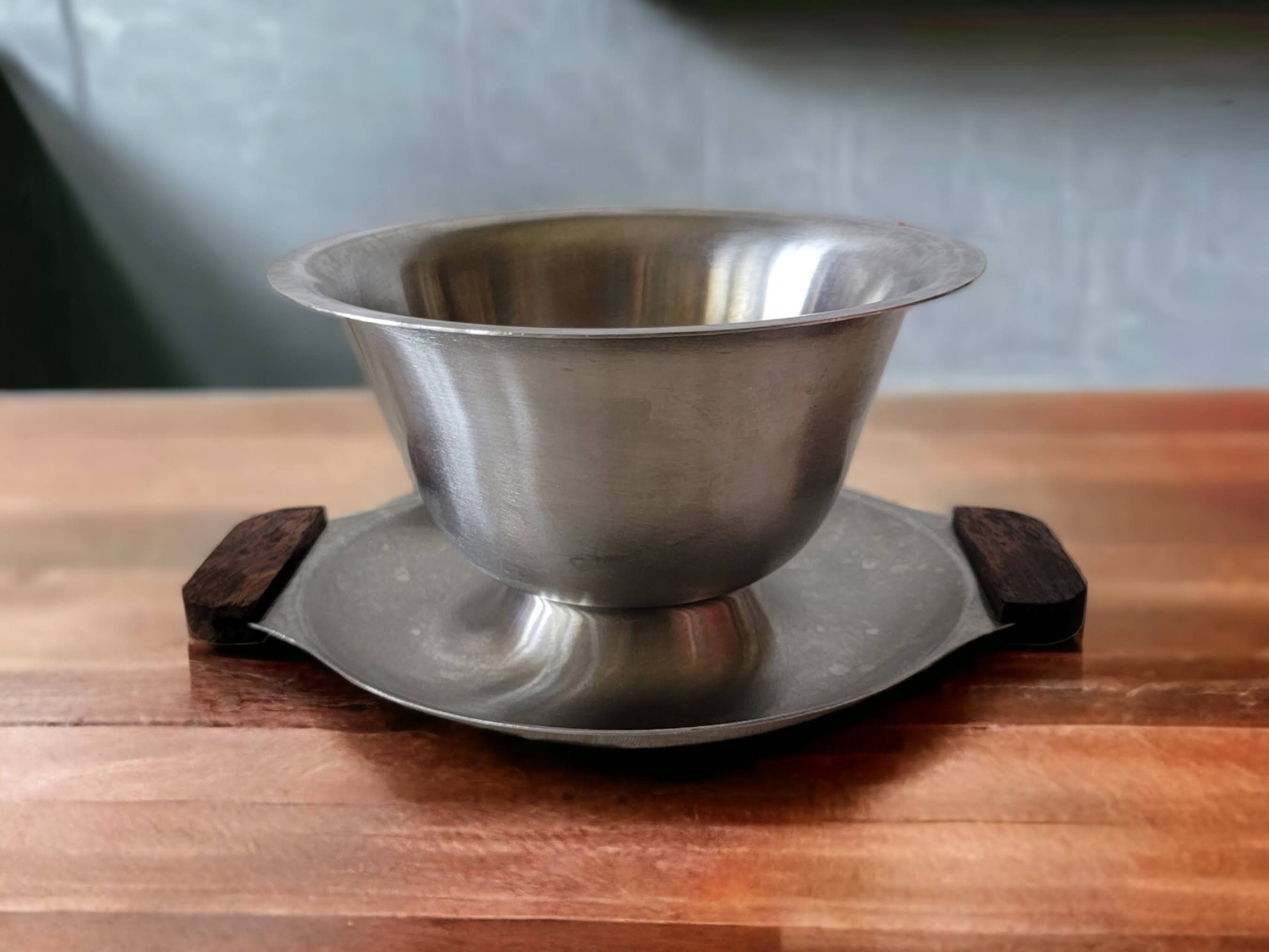 Mid Century Modern Interpur Stainless Steel Soup Bowl Sauce Bowl Gravy Bowl Silver Toned With Wooden Handles Made in Japan