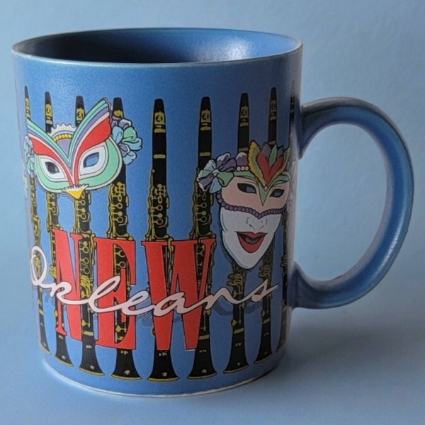 SSS UGN Mardi Gra Coffee Mug New Orleans Souvenir Cup Blue Mardi Gra Masks Stoneware Ceramic Very Unique Collectible 1980s "Minor FLAWs"