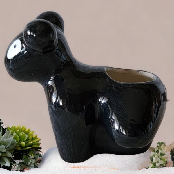 Vintage Anthropomorphic Bear Ceramic Planter Black With One White Eye Unique Small Glossy Made in Thailand One of a Kind Shelf Decor