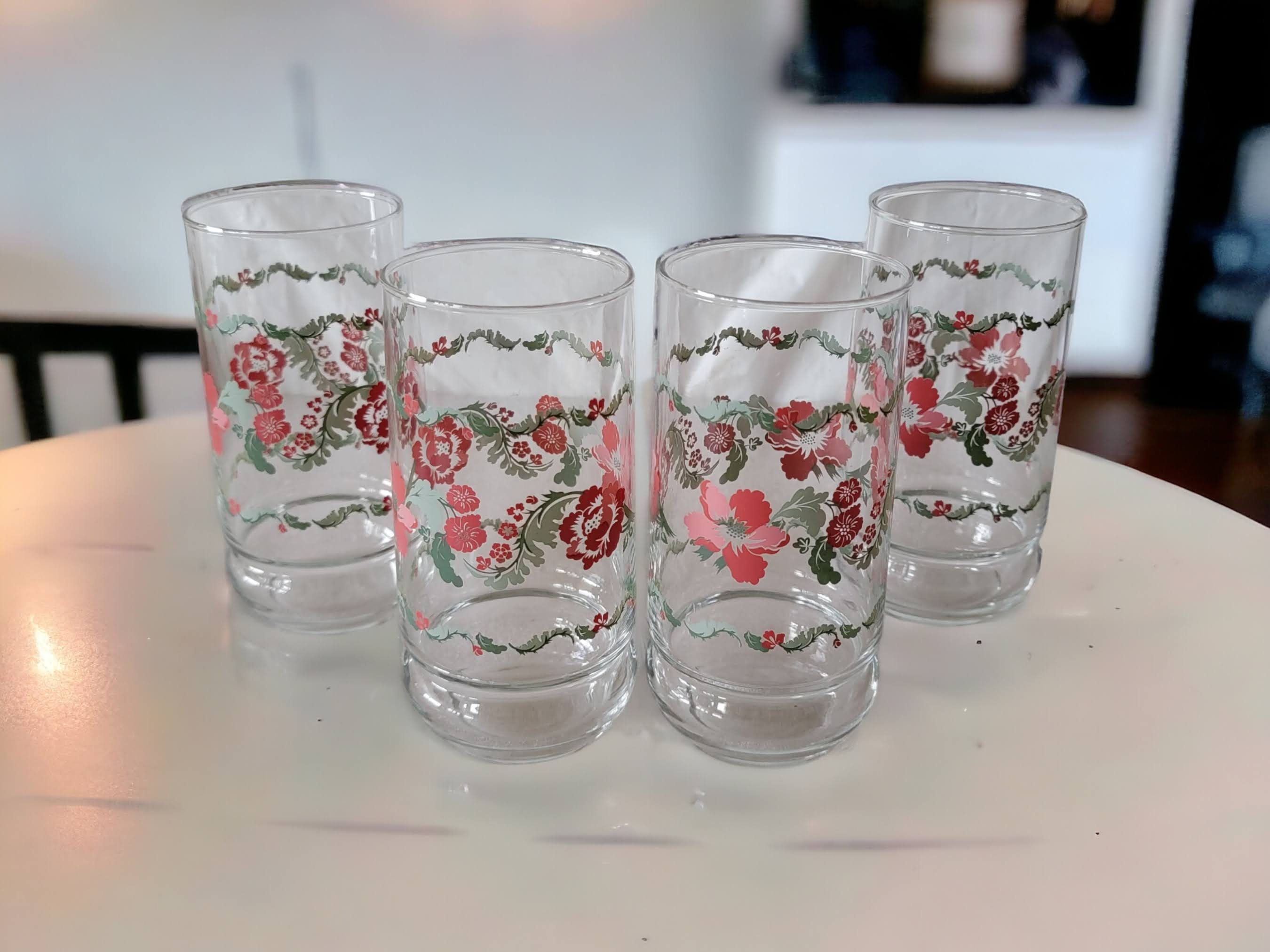 Set of Four Clear Glass Pink Flower Pattern Tumblers With Green Leaves  Bubble Base Vintage Water/tea Drinking Glasses Unique Collectible - Etsy