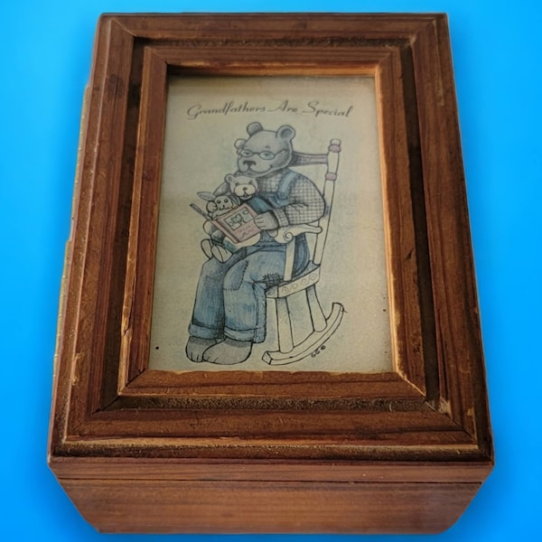 Vintage Wooden Trinket Box "Grandfather's Are Special" Bear Rocking Baby in Rocking Chair Small Hinged Box Vintage Vanity Decor