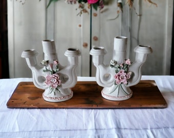 Pair of 2 White and Pink Porcelain 3 Arm Candlestick Holders Applied Rose and Bead Triple Candle Holder Glazed Unique Table Decor Candelabra