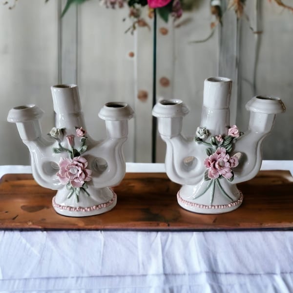 Pair of 2 White and Pink Porcelain 3 Arm Candlestick Holders Applied Rose and Bead Triple Candle Holder Glazed Unique Table Decor Candelabra