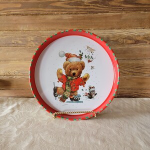 Giftco Metal Christmas Serving Tray, Ice Skating Bear, Giordano Giftco 1992, Tin Round Cookie Tray, Vintage Christmas