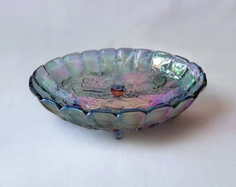 Indiana Glass Carnival Glass Footed Center Bowl Iridescent Blue Oval Fruit Bowl Harvest Grape Scalloped Rim Vintage Table Decor Home Decor