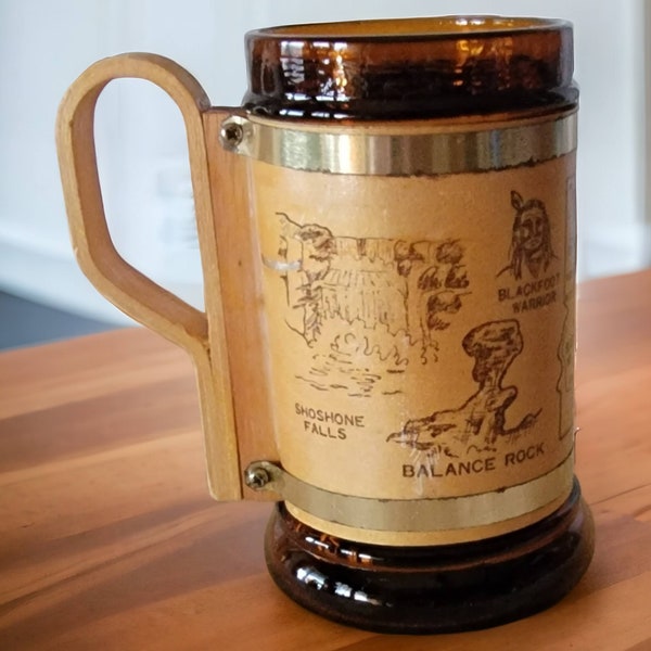 Vintage Idaho Brown Glass and Wood Coffee Cup Mug With Handle Stein Wooden Handle The Gem State Souvenir Collectible Shoshane Falls