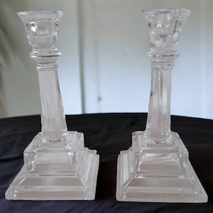 Pair of Crystal Candle Stick Holders Clear Elegant 8&quot; Tall Tiered Square Base Vintage Candleholders Collectible Home Decor Table Decor