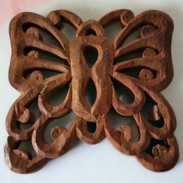 Hand Carved Butterfly Trivet Himalayan Jungle Sheesham Wood Vintage Unique Coaster Table Decor Collectible Interior Decor