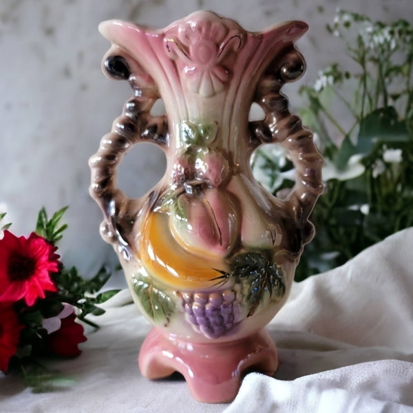 Vintage Porcelain Majolica Fruit Lusterware Vase With Handles Glazed Pink Flower Vase Interior Decor Table Decor Collectible Gift
