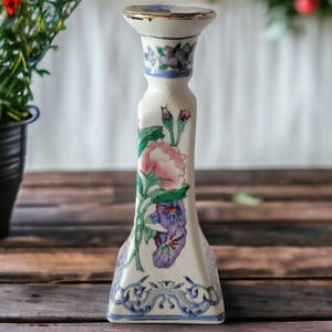 Vintage Chinoiserie Porcelain Candlestick Holder Floral Design Tall Asian/Chinese Gold Trim 1980s Collectible Candle Holder Interior Decor