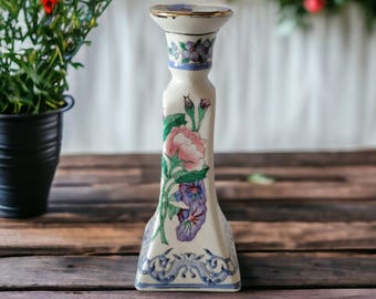 Vintage Chinoiserie Porzellan Kerzenhalter Floral Design Groß Asiatisch/Chinesische Goldzierleiste 1980er Jahre Sammler Kerzenhalter Innendekoration