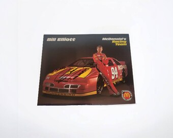 Postal grande vintage firmada por Bill Elliott/foto del equipo de carreras McDonald's de 1995, auto de carrera de Nascar coleccionable, Ford Thunderbird n.° 94