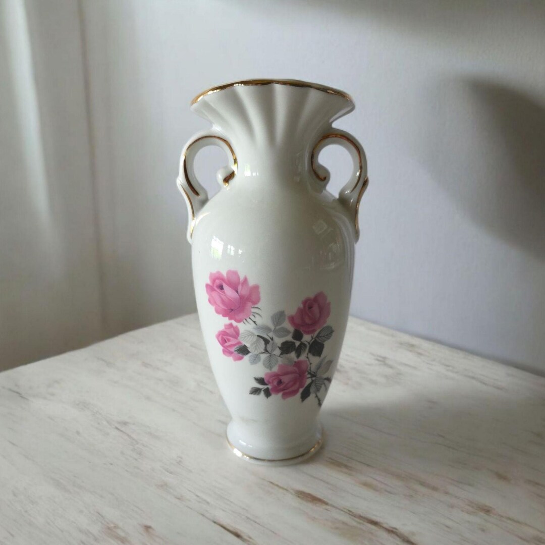 Vintage Porcelain Vase Pink Rose Design White With Gold Trim Gray ...