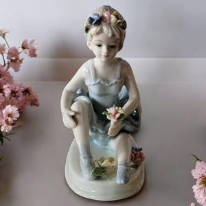 Porcelain Ballerina Figurine Holding Flowers Vintage Soft Pastel Colors Glazed Collectible Small Statue Pretty Dancer Shelf Interior Decor
