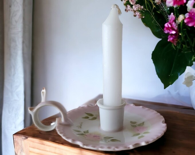 Pink Rose Finger Loop Candlestick Holder Porcelain Chamber Style Candle