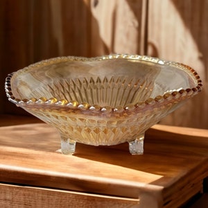 Jeannette Marigold Carnival Glass Candy Dish 3 Footed Iridescent Glass Diamond Cut Candy Dish Vintage Home Decor