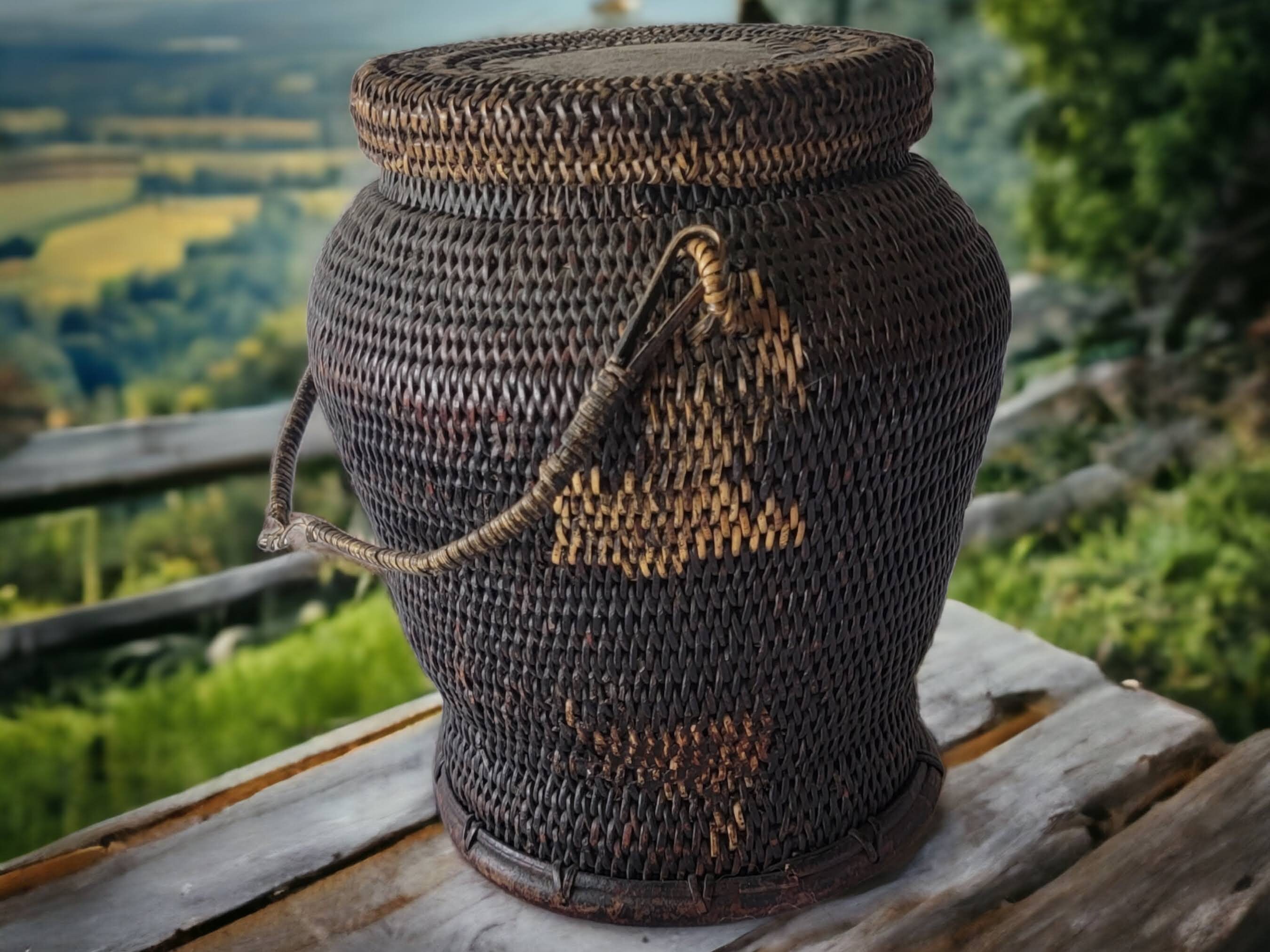 Vintage Filipino Ulbong Handwoven Bamboo and Rattan Lidded Rice
