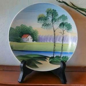 Vintage Ceramic Landscape Decorative plate Country Home With Steam and Forest Collector&#39;s Plate Hand Painted Vintage Home Decor