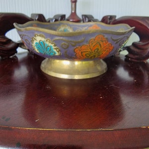 Vintage Brass Peacock Bowl, Home Decor 5&quot; Wide Made in India Decorative Dish Painted Enamel