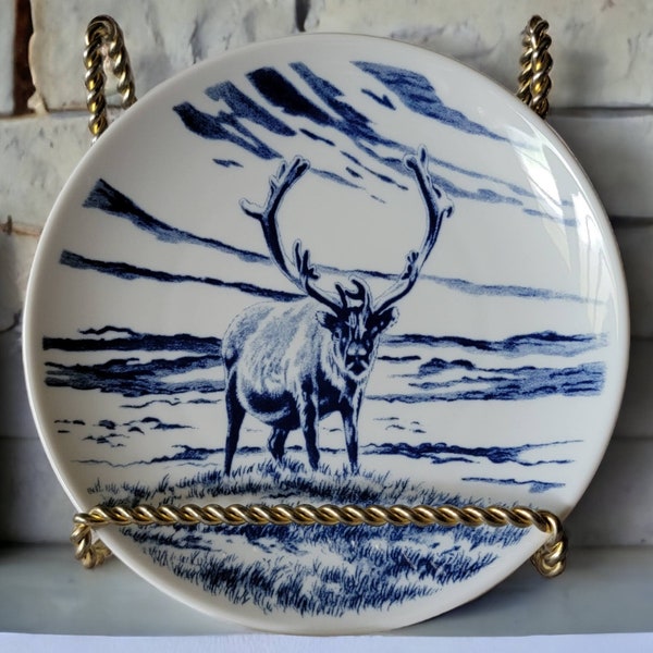 Porsgrund Norway Reindeer Ceramic Plate Reinsdyr Rangifer Tarandus (L) Porgrund Reindeer Plate 7" Seriens Tegner