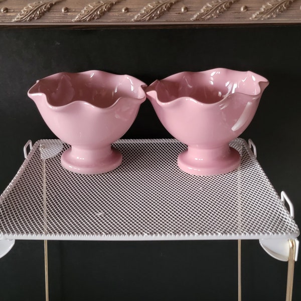 2 Vintage Pastel Pink Ceramic Candy Dishes Ruffled Rims on Pedestal