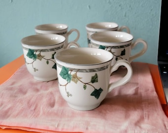 Keltcraft Noritake Ireland 9180 Ivy Lane Tea Cups Coffee Mugs Off White With Green Leaves/Vines Set of Five Vintage Collectible Coffee Bar
