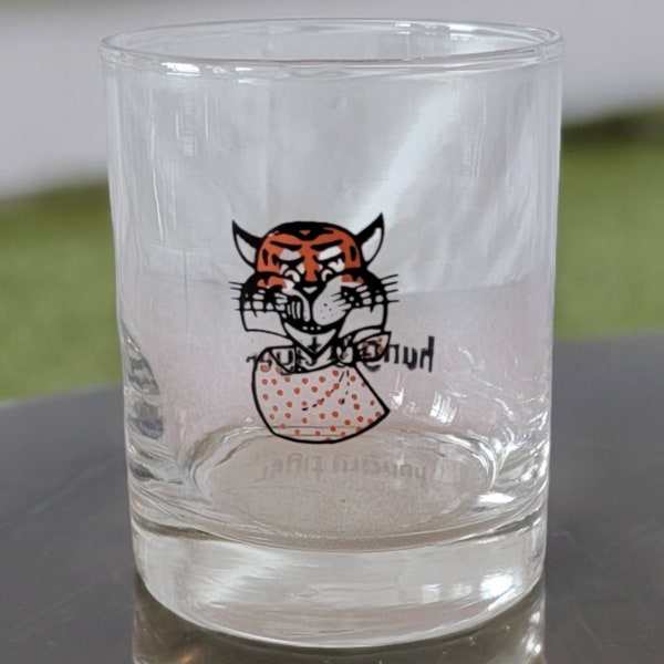 Vintage Hungry Tiger Whiskey Lowball Glass Tiger Polka Dot Bib Hungry Tiger Seafood Restaurant 1960s Collectible Clear Cocktail Tumbler